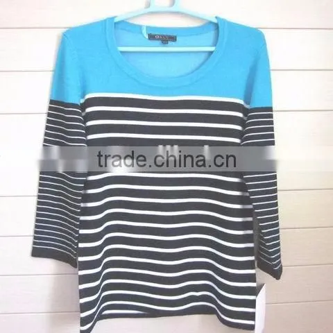 100% cotton mens blue stripe sweater with round neck