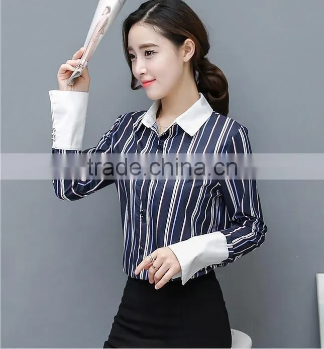 New Arrival Women's Loose Slim Long Sleeve Tops striped Blouses Designs For Sale