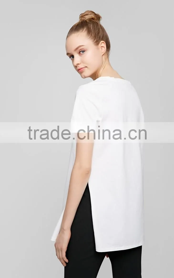 Women's English pattern high quality cotton long printing casual t shirt with high split sides