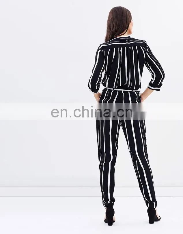Cheap Wholesale Custom Printing One Piece Jumpsuit Stripe Wrap Autumn Women Fashion Jumpsuit
