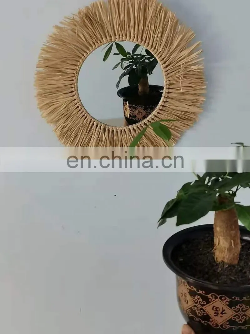OEM home decoration raffia grass Lafite grass mirror wall hanging