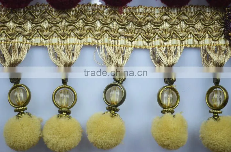 decoration fashion tassel fringe for curtain,polyester curtain pom pom tassel fringe