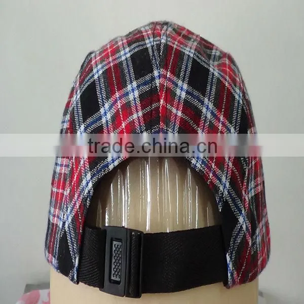 Seersucker Cotton 5 Panel Stripe red checked Biker Snapback Adjustable Cadet Cap Hat