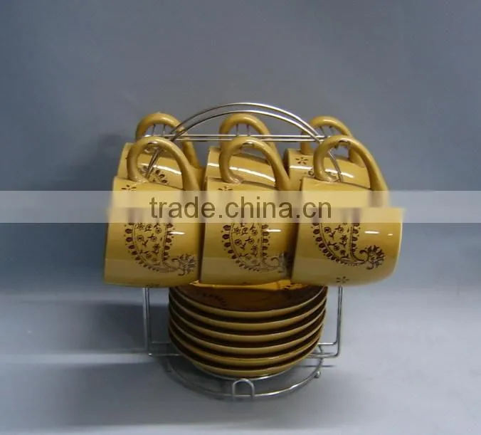 Hand printing ceramic custom tea set with saucer and rack