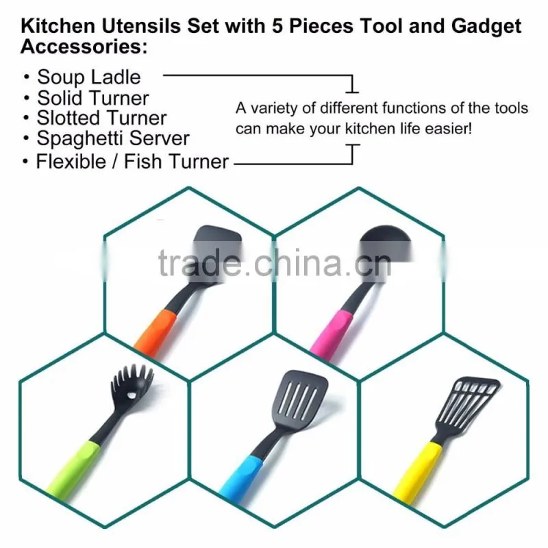 Amazon hot FDA multi color Heat Resistant silicone kitchen utensils,silicone 5-pcs cooking utensils