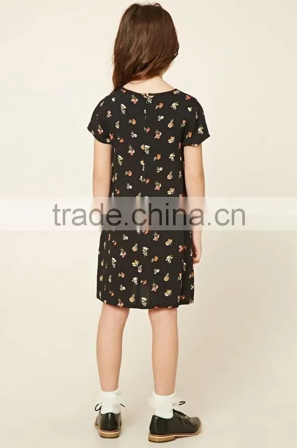 Wholesale Children's Boutique Clothing Girls Allover Floral Print Shift O-Neck Short Sleeves Knit Latest Dress Designs