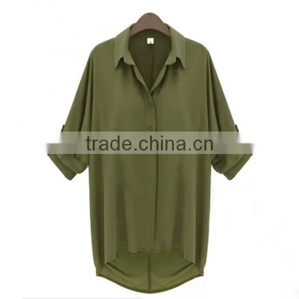 3 Colors Plus Size 2015 New Fashion Casual Women Clothing Ladies Chiffon Lapel Long Batwing Sleeve Shirt Top Blouse