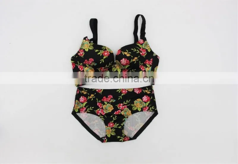 Printed roses brushed one peice seamless underwear gather comfortable adjustable bra set