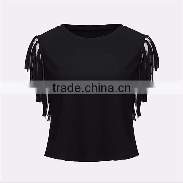 sexy tassel short mini t-shirt custom tank top black white sleeveless t shirt