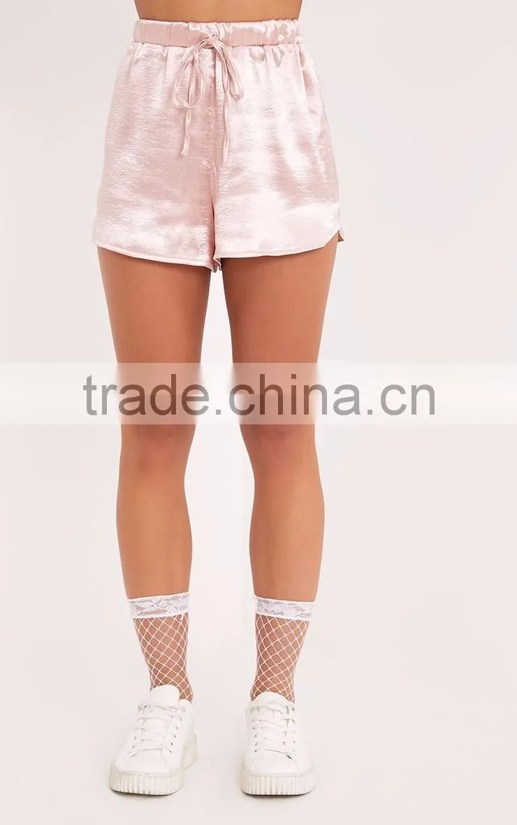 MGOO High Waist Plain Blush Satin Shorts With Drawstring Elastic Waist Hot Shorts