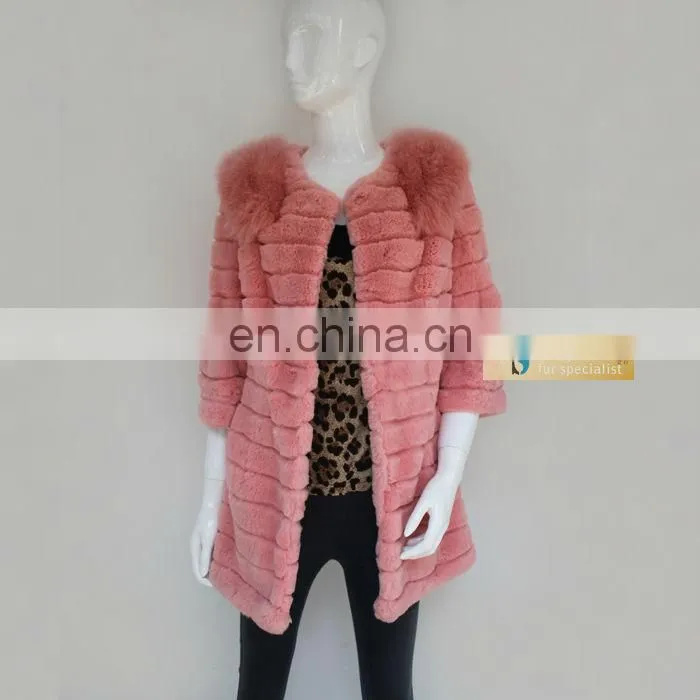 Pretty strawberry pink long rabbit fur women coat with fox fur collar