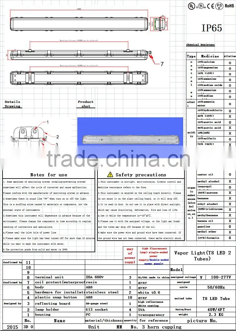 Vapor Tight Light 1tube * 4" Length 1200mm IP65 LED Tri-proof LED Light