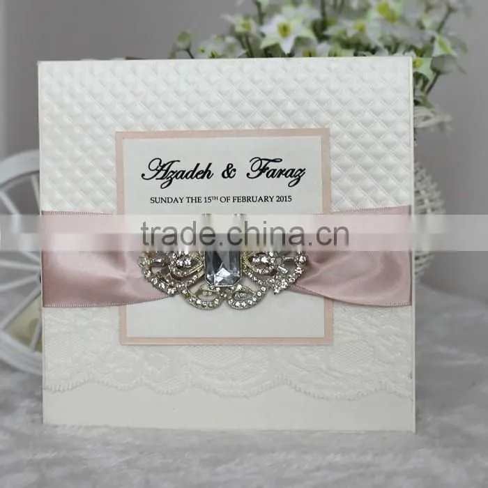 2016 Handmade Silver Glitter Paper Luxury Brooch Wedding Invitation Cards