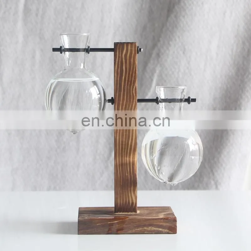 Terrarium Hydroponic Plant Vases Vintage Flower Pot Transparent Vase Wooden Frame Glass Tabletop Plants Home Bonsai Decor