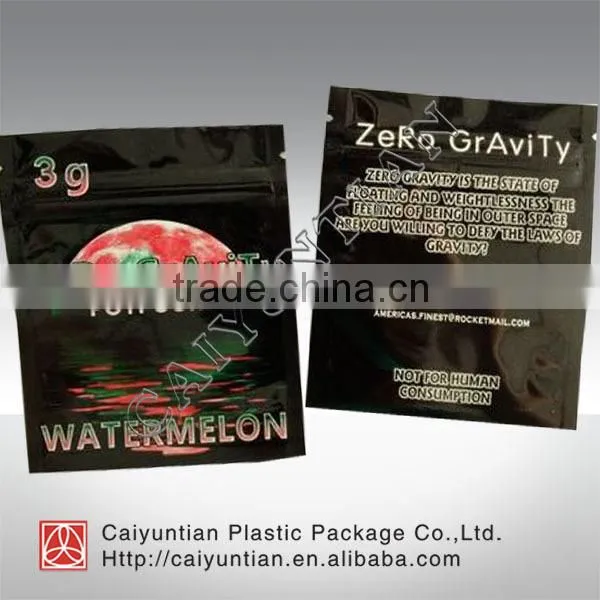 zero gravity three sides zipper pouch bag/ high quality clean package bag for herbal incense