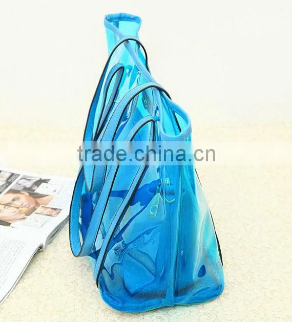 Transparent style 2 in One Women Leather Bags Handbag Clutch Tote Shoulder Bag . PVC beach bags orange