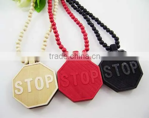 Octagon STOP Wood Pendant with a 36 Inch Wood Beaded Necklace Chain