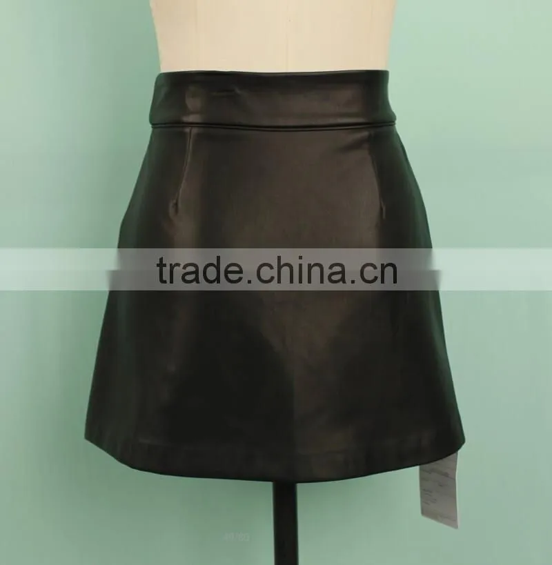 2016 newest design short black mature woman leather skirt