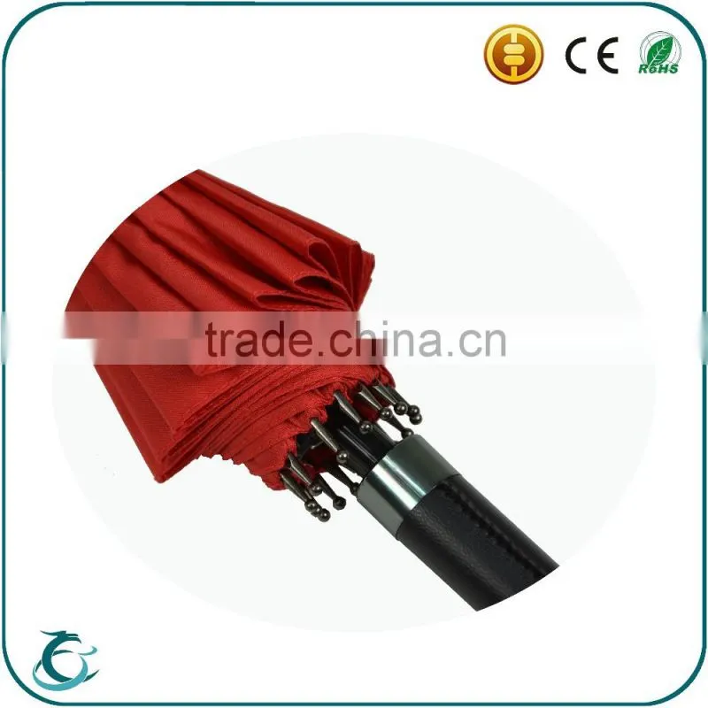 high quality 16 ribs pu leather handle windproof straight umbrella
