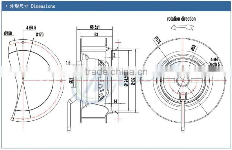 AC230V 175mm Plastic Impeller Backward centrifugal fans china