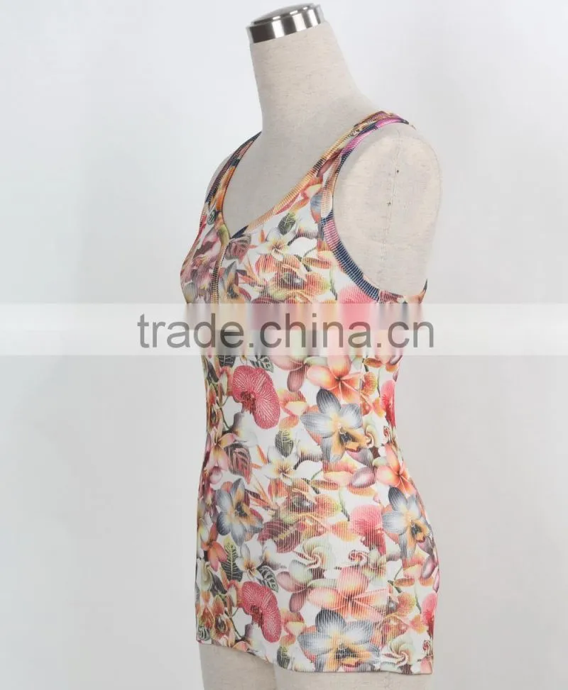 F5S15017 Rib Waist Printing Tank Top Women Fitness Latest Design