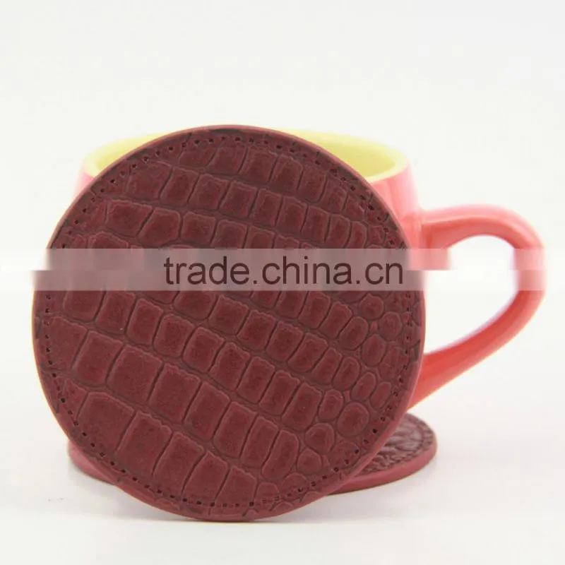 Red crocodile PU leather round cup coasters