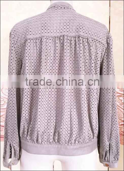 casual ladies pig suede jacket dyed color and with beautiful flower shaped hole