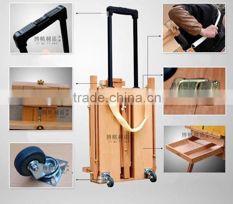 in stock 82*106*140(183)cm professional wooden sketch box easel with hand lever and omni-directional wheel