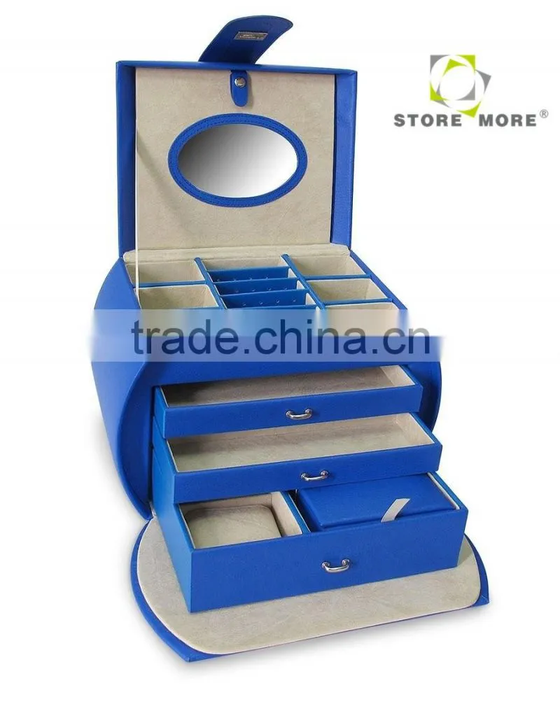 Blue Four-layer Lint Faux Leather Mirror Jewelry Box With Drawers