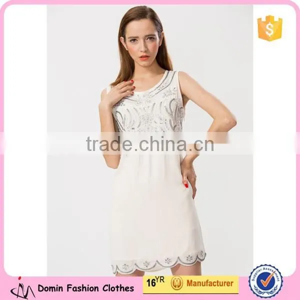 2015 New Design Sleeveless Embellished Shift Dress with Scallop Hem