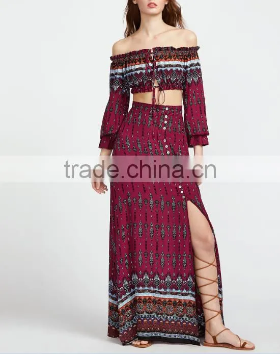Picture of long skirts and tops Vintage print drawstring top with split skirt