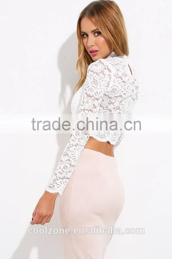 Wholesale clothing manufacturers elegant long sleeve lace crop top,sexy transparent summer lace top 2015