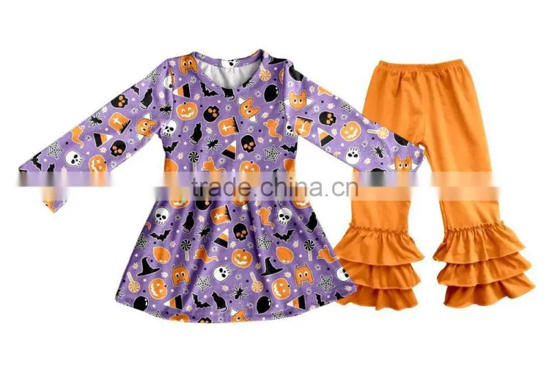 Wholesale Girls Boutique Outfits Halloween Clothes Baby Girl 2Pcs Set Children Flutter Pumpkin Appliqued Baby Clothes