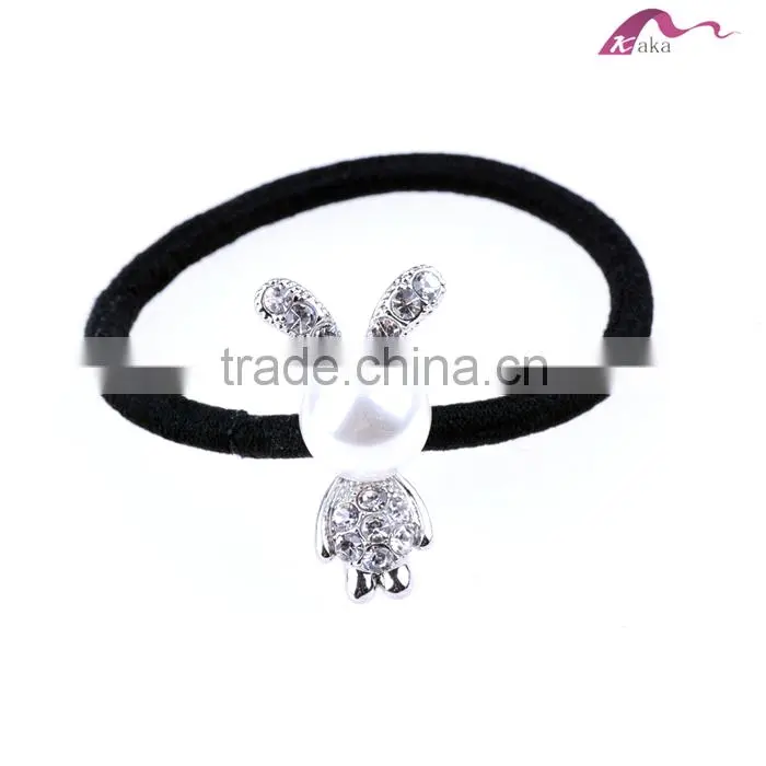 Wholesale Cute Korean Style Girls&Kids Big Pearl Rabbits Decorative Crystal Stone Elastic Hair Band Hair Rubber Rope Ornaments