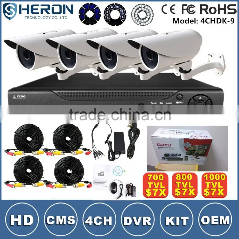 4/8/16ch HD 1000TVL H.264 P2P A key Internet DVR KITs security cctv camera system