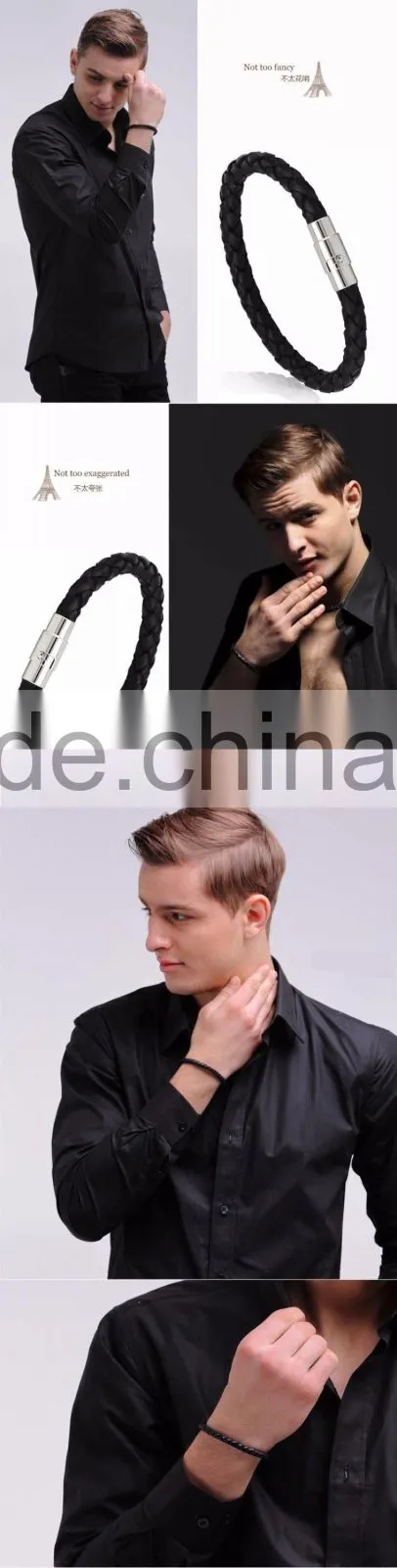 Customized Laser Engrave Logo Bio Magnetic Leather Bracelet Braided Mens Leather Bracelet