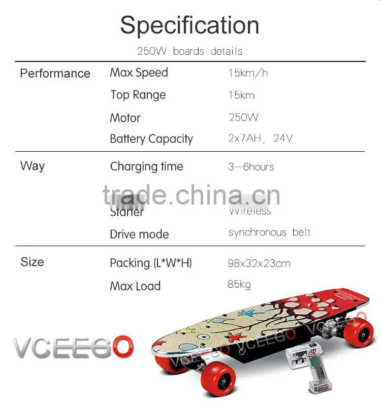 VCEEGO factory Awesome 250w easy to carry electric powered skateboard with brushless motor