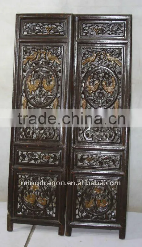 Antique Chinese Head Carved Wood Window Pane Blossom Panel Shutter