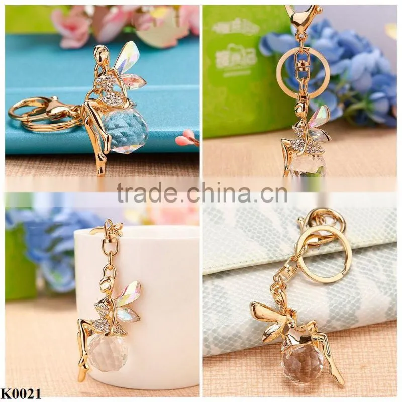 Attractive design alloy crystal flower faerie logo keychain K0021