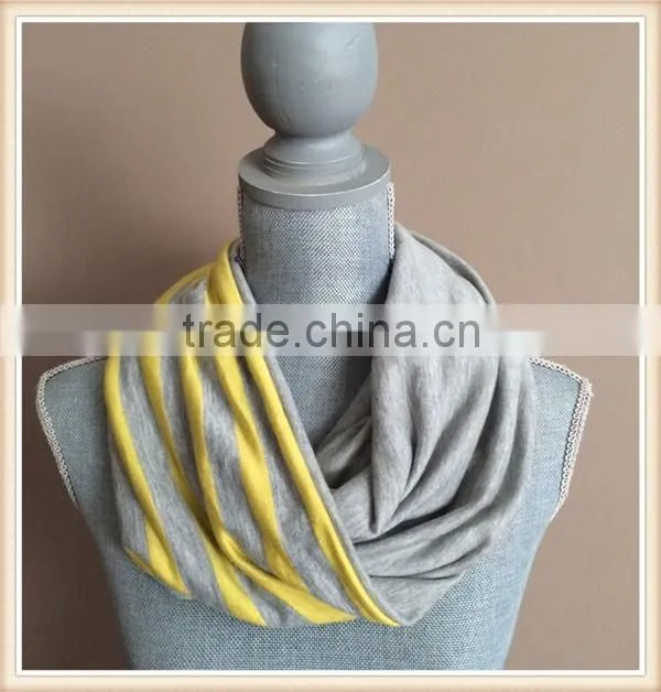 Infinity Scarf with Hidden Pocket - Reversible Heather Grey and Yellow Stripes