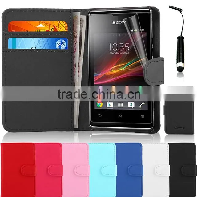 Set Screen Protector Stylus And Case For Sony Xperia E Dual C1605 , Leather Wallet White Phone Case