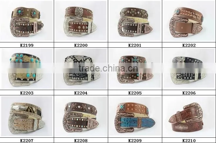 2015 New Design Western rhinestone leather belt with square conshos with crystals