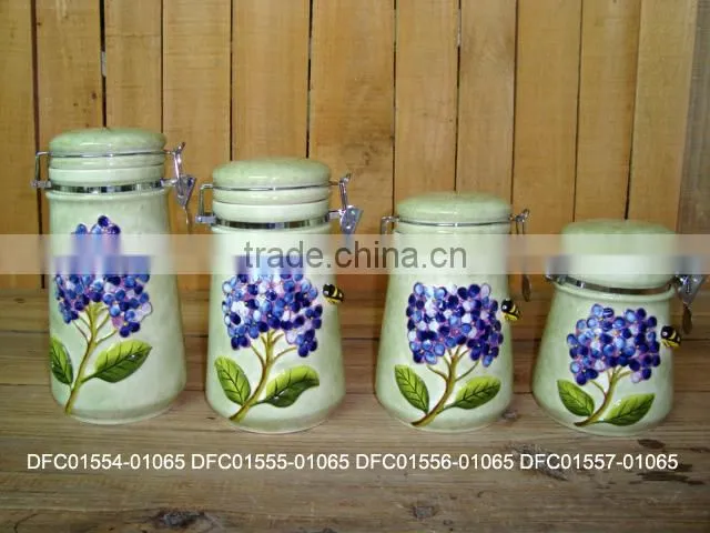 Hand- painted Ceramic Sealing Storage Canister with Metal Clip Lid