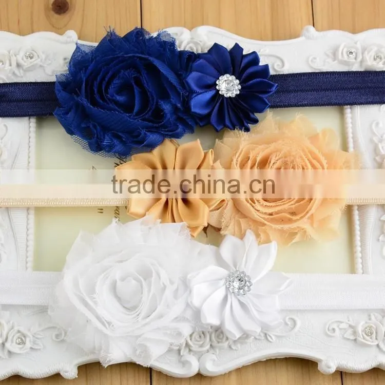 Solid grosgrain ribbon headwear, Kids Girl chiffon Flower Headband Elastic Hair Band hair tie mixed colors