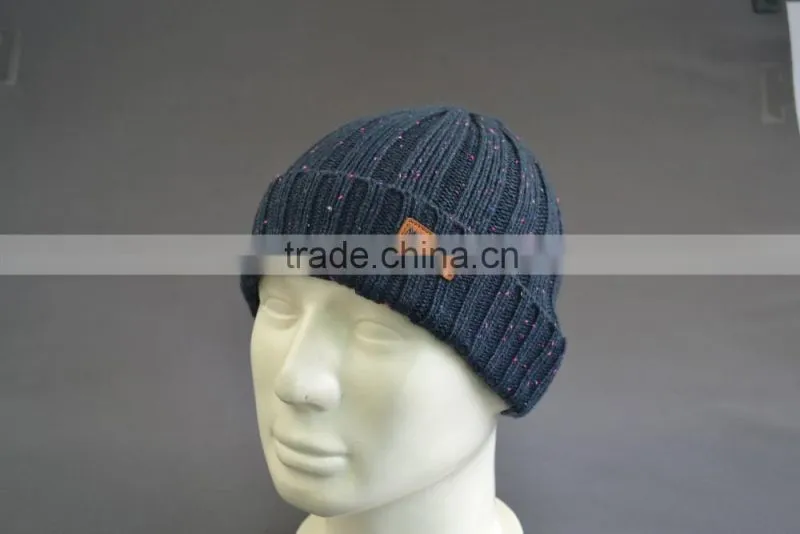 Acrylic beanie hat with PU leather patch logo