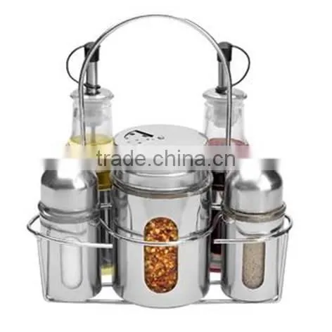set of 5 Glass oil vinegar bottle spice jar set cruet set with metal coat shelf