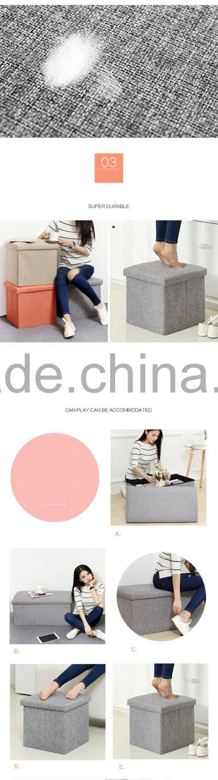 White square linen Folding Seat Foot Stool Storage Box
