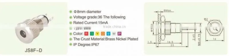 JS8F-D metal push button 8mm diameter with LED 15mA rated current push button switch metal push button