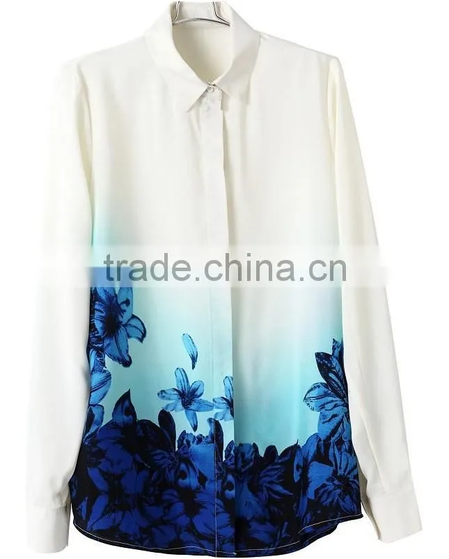New women fashion Blue Floral Pattern Turn down Collar Chiffon summer Blouses Ladies fashion blouse shirts