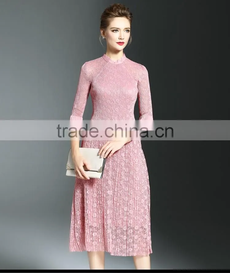 Elegant lady lace hollow out embroidery A-line pleated fold lace dress